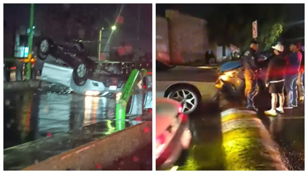 Dos accidentes tras lluvia en Pachuca: un auto volcado y un choque por invasión de carril