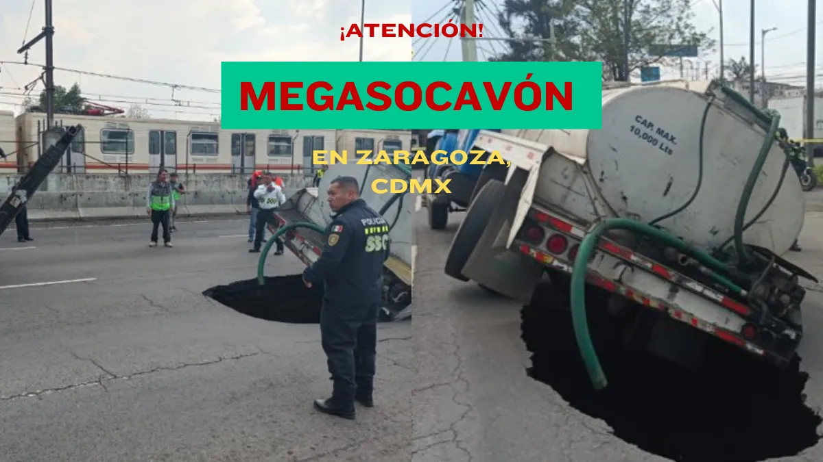 Megasocavón en Av. Zaragoza atrapa a pipa de agua y provoca caos vial en CDMX; ¿está abierta a la circulación.