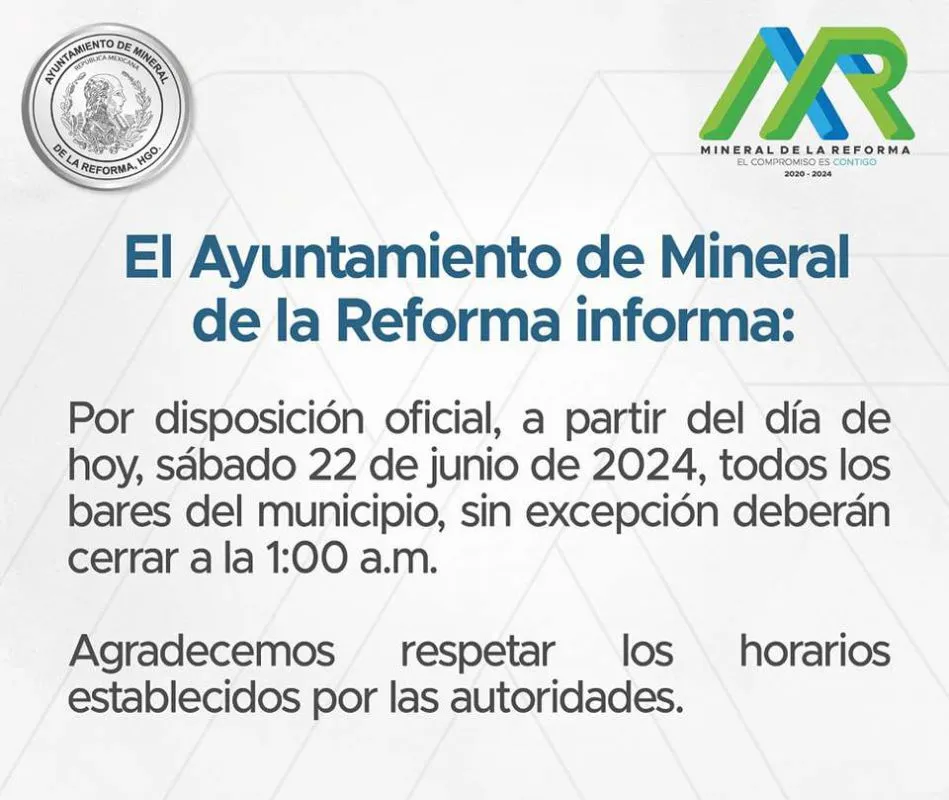 Nuevas restricciones de horario para bares en Mineral de la Reforma