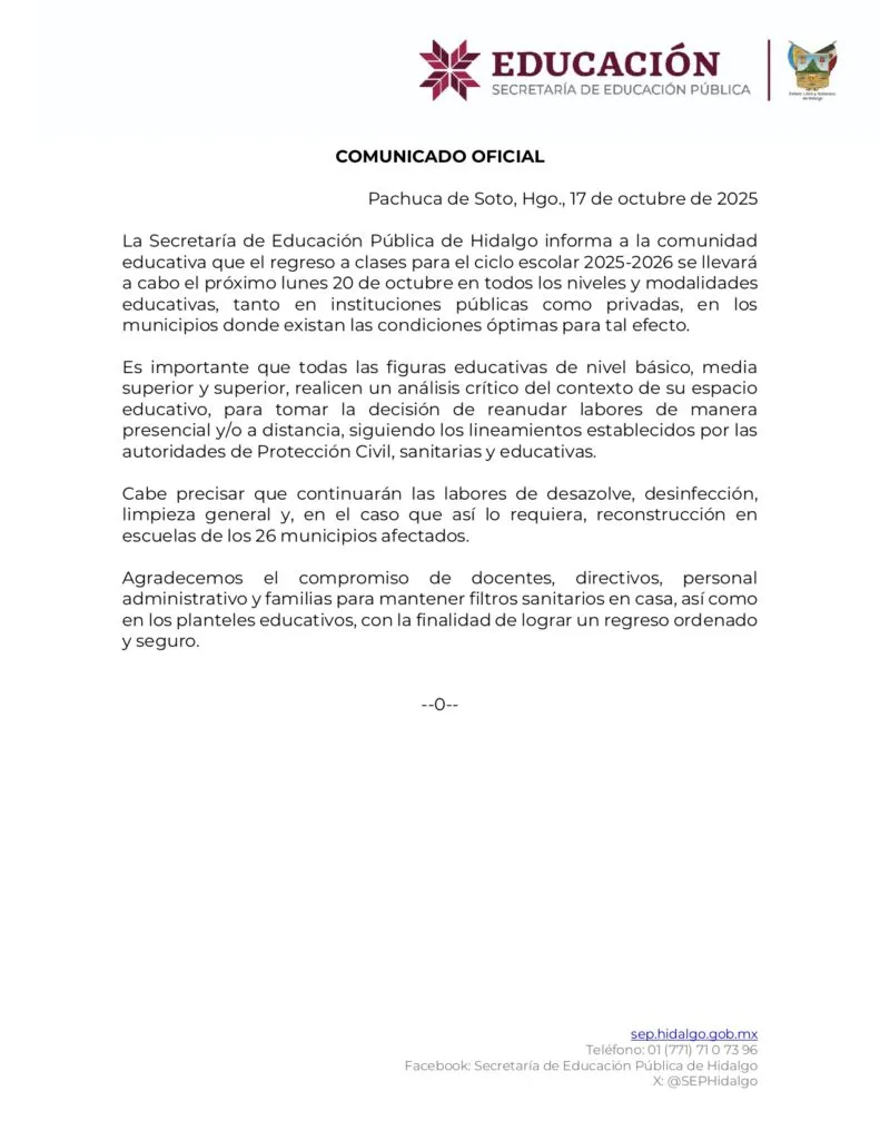 SEP Hidalgo confirma regreso a clases; checa lo que dijo
