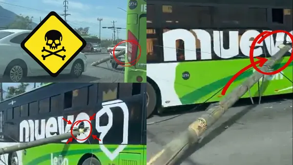 Video viral muestra el momento en que un poste perfora camión de transporte público y deja gravemente herida a una joven en Nuevo León.