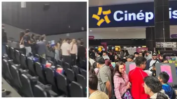 Clientes evacuando el complejo Cinépolis de Galerías Pachuca tras un incidente con humo.