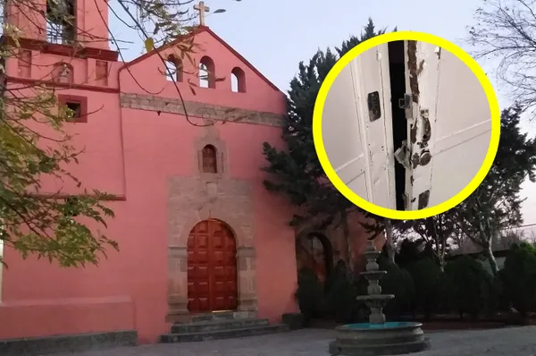 Puerta forzada tras robo en la parroquia de San Marcos en Tula de Allende