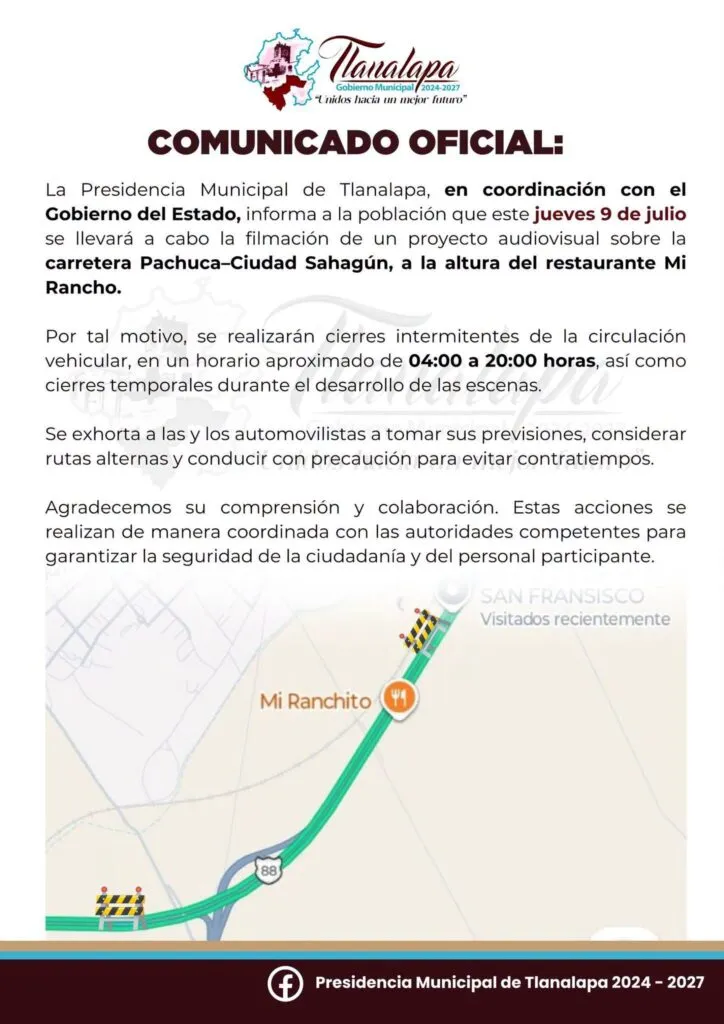 ¡Toma previsiones! Habrá cierres viales en la carretera Pachuca-Ciudad Sahagún este jueves por filmación