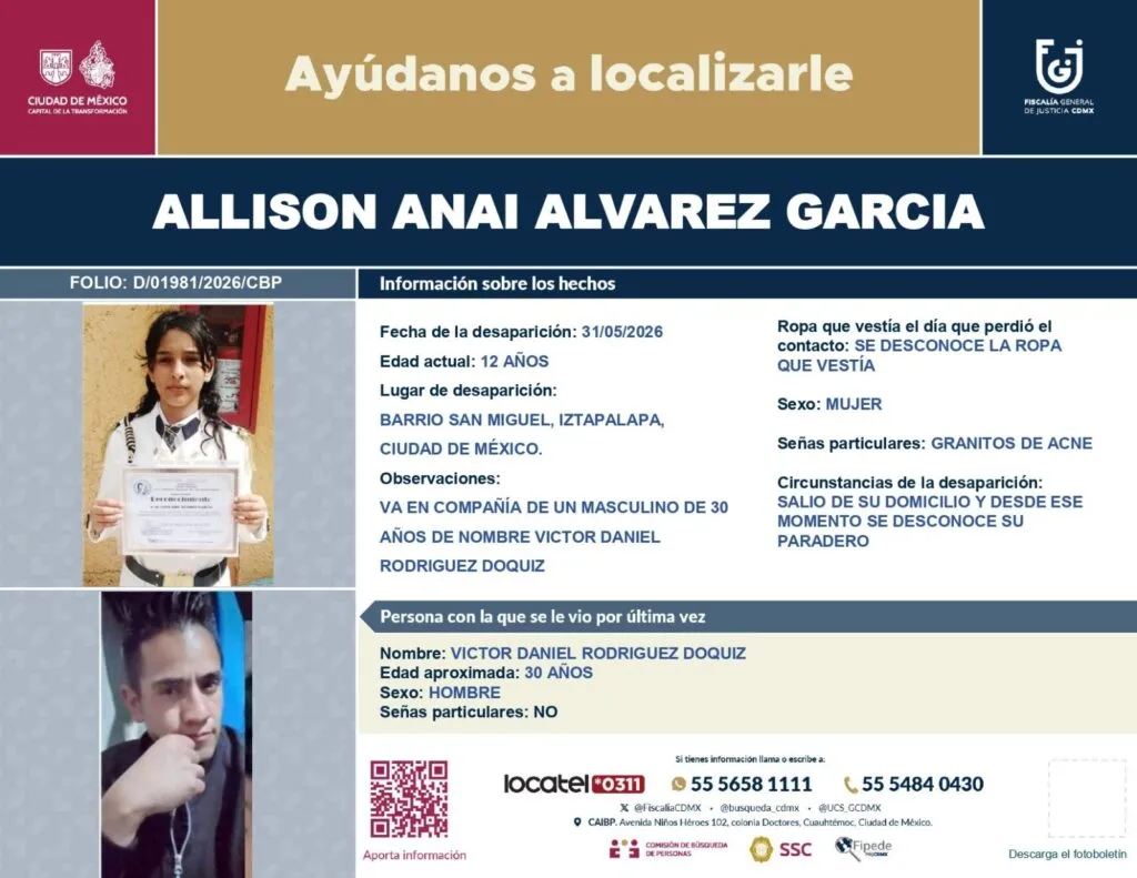 Alerta Amber: Allison Anaí Álvarez García desaparece en Iztapalapa, CDMX; familia acusa a un tío lejano