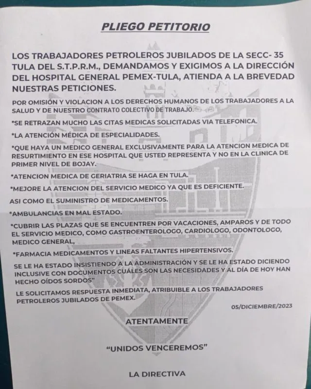Tula: jubilados se manifiestan en Hospital General de Pemex