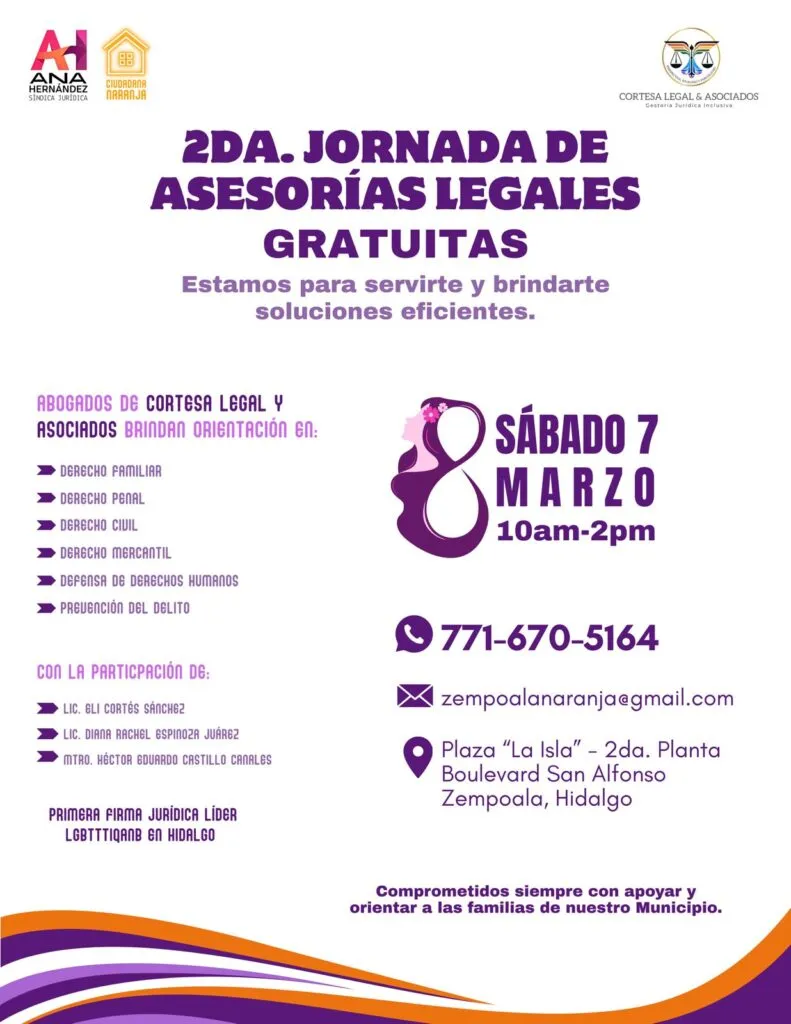 Ofrecerán asesoría legal gratuita en Zempoala en el marco del 8M
