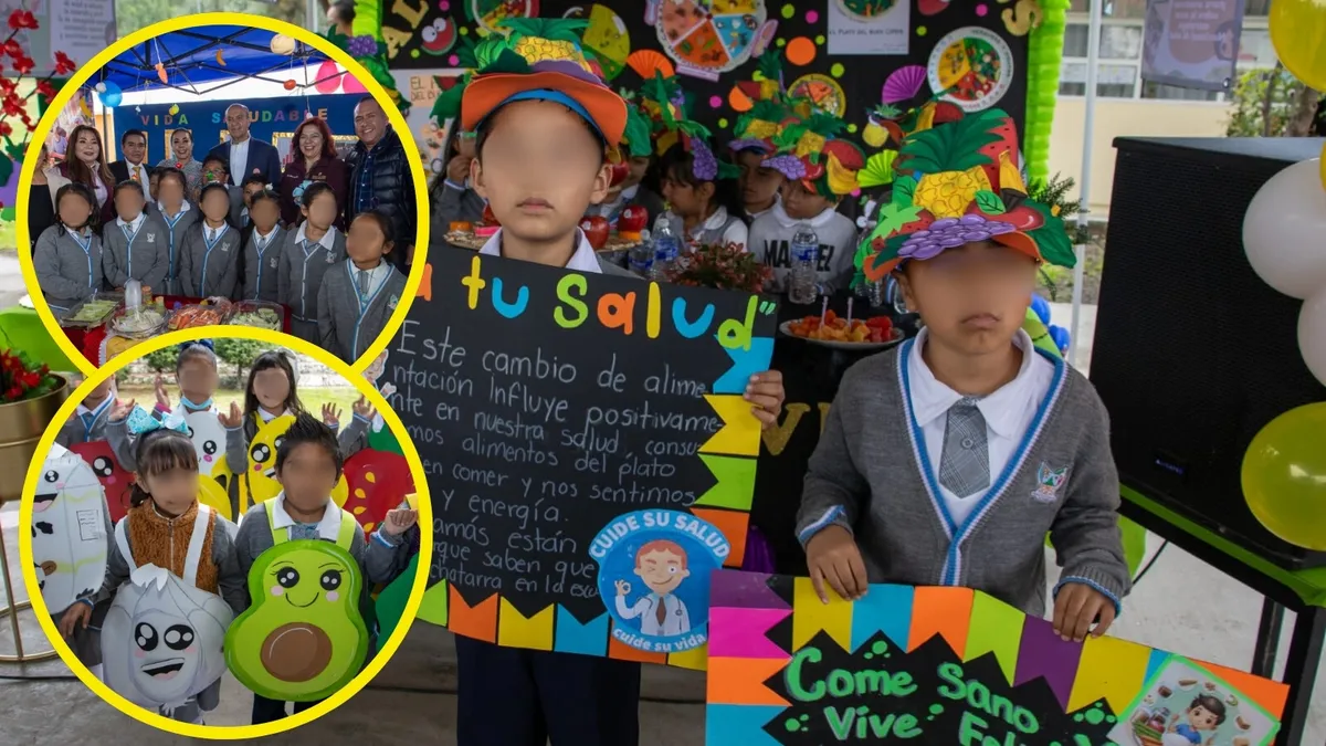 El secretario de la SEPH; Natividad Castrejón, autoridades educativas y niños y niñas de primaria