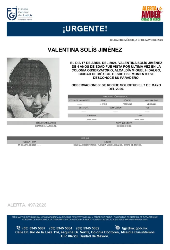 Alerta Amber: Se busca a Valentina Solís Jiménez de 4 años, desapareció en la CDMX