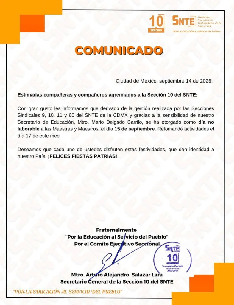 ¡SEP confirma!: No habrá clases el 15 y 16 de septiembre en la CDMX