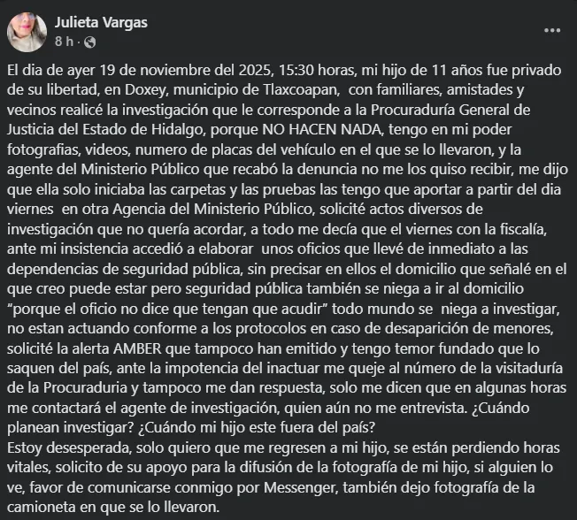 Desaparición de menor en Hidalgo moviliza a familia y vecinos