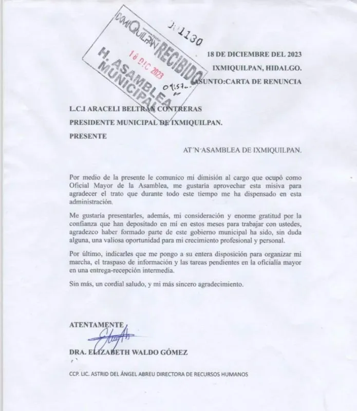 Ixmiquilpan: renuncia Oficial Mayor municipal