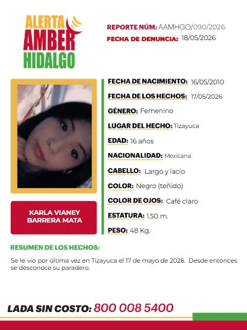Alerta Amber: Se busca a Karla Vianey Barrera de 16 años, se extravió en Tizayuca