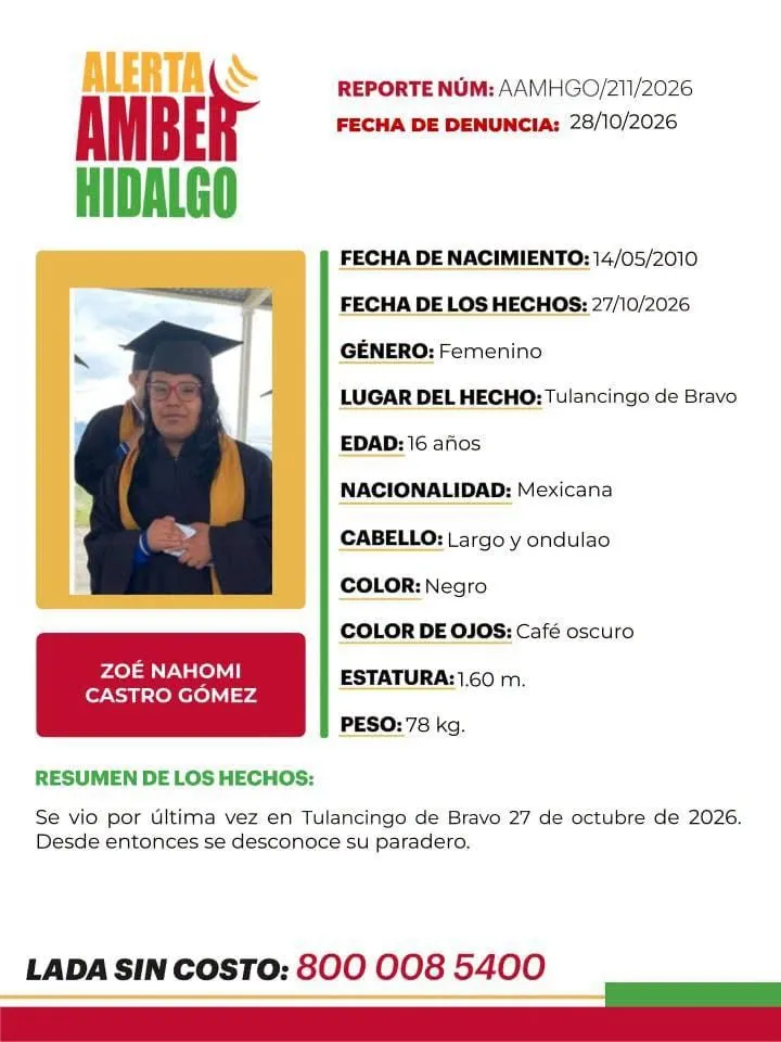 Alerta Amber Hidalgo: Buscan a Zoé Nahomi Castro Gómez, desaparecida en Tulancingo