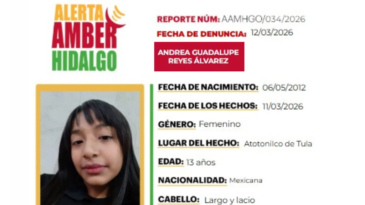 Ficha de búsqueda de Andrea Guadalupe Reyes Álvarez, de 13 años, desaparecida en Atotonilco de Tula.
