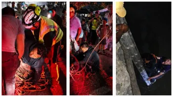 Bomberos rescatan a un hombre del arroyo Pallares en Ixmiquilpan.
