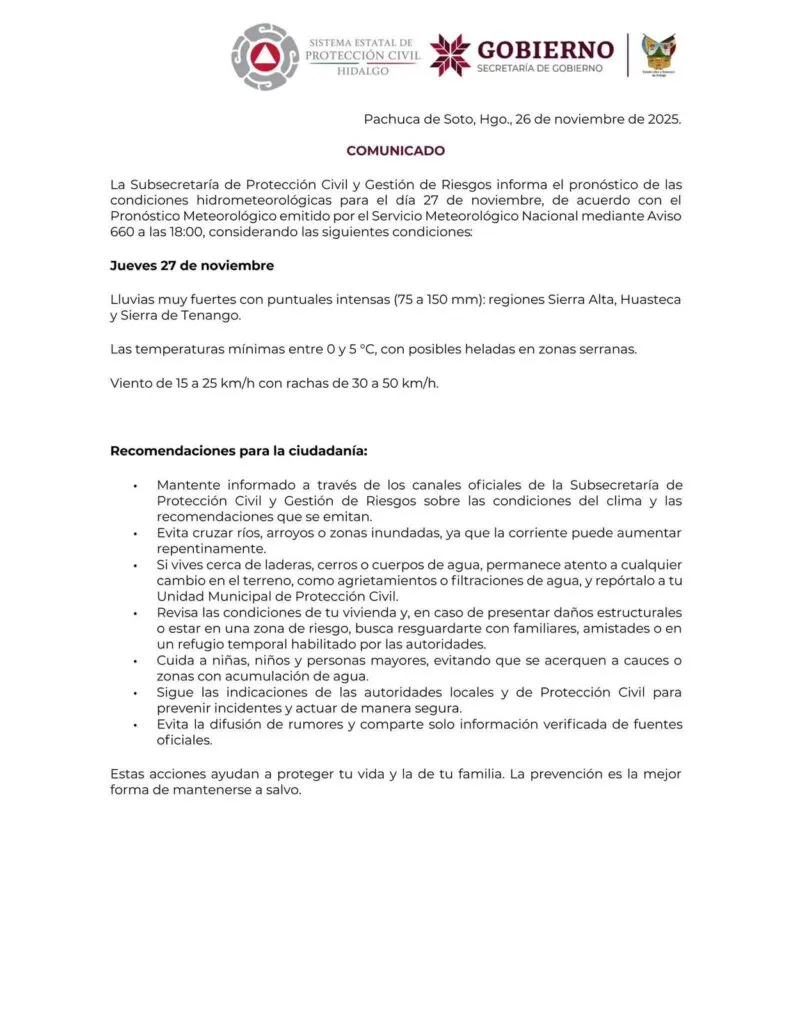 Pronostican lluvias muy fuertes y posible caída de aguanieve este jueves en Hidalgo