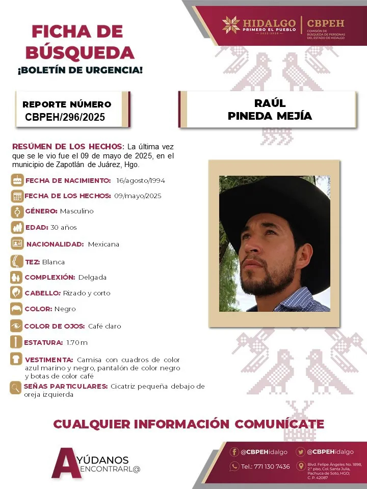 Continúa búsqueda de Raúl Pineda Mejía, desaparecido en Zapotlán de Juárez