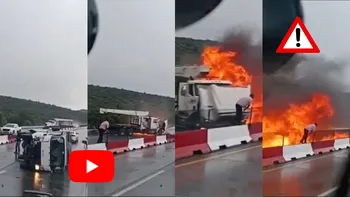 Una grúa perdió el control, chocó contra varios vehículos y terminó incendiándose en el tramo Ajoloapan-Pachuca del Arco Norte.