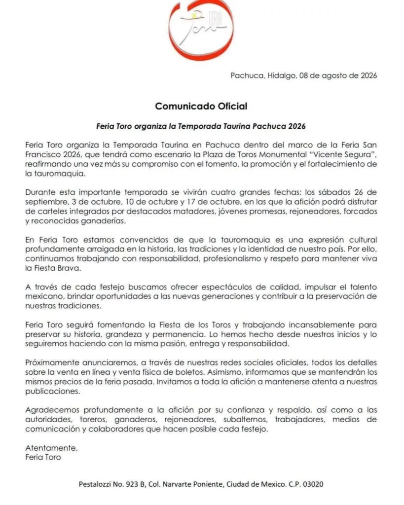 Confirman cartelera taurina para la Feria de San Francisco Pachuca 2026