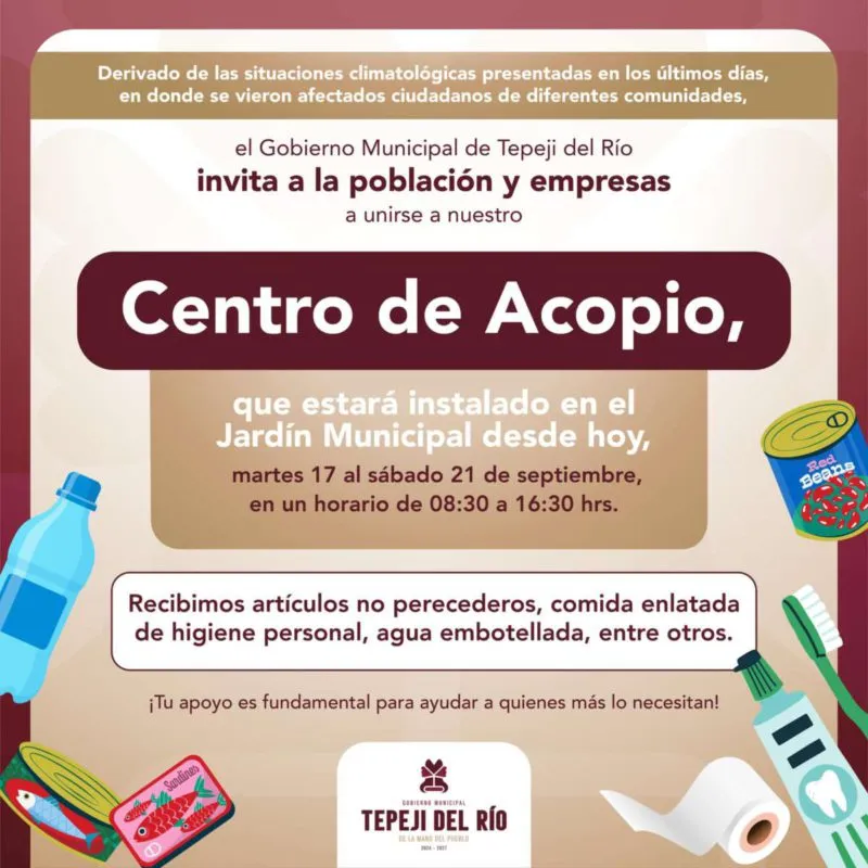 Centro de acopio en Tepeji del Río para familias afectadas por lluvias