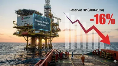 Plataforma de Pemex en altamar, reporte de caída de reservas petroleras Sener