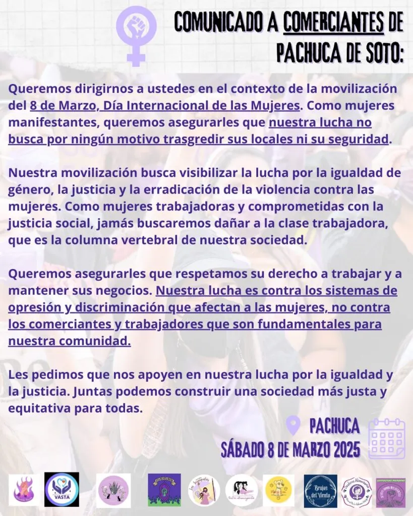 Colectivas en Pachuca llaman a la unidad y respeto en la marcha del 8M