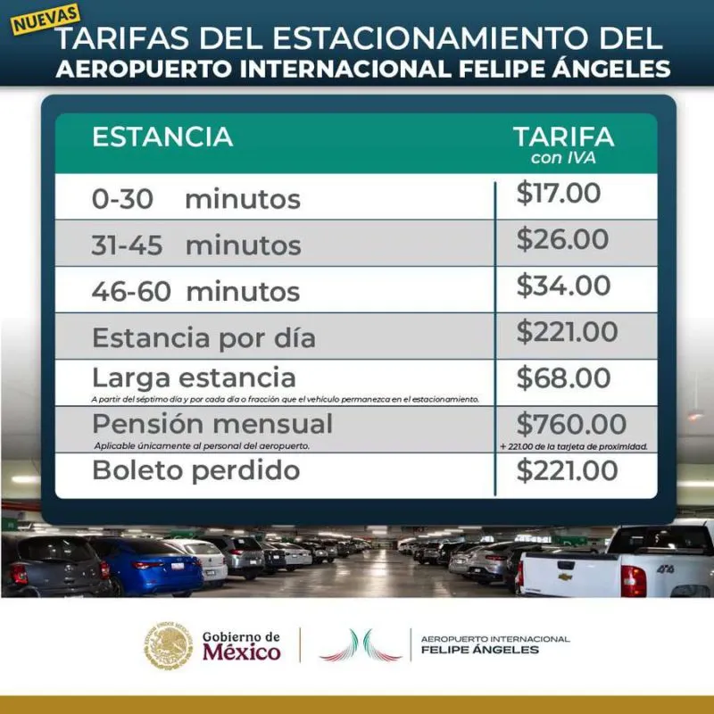 Tarifas actualizadas del estacionamiento AIFA para 2024-2025