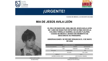Mia de Jesús Ávila León, de 1 año, es buscada mediante Alerta Amber tras desaparecer en Tlalpan, CDMX.