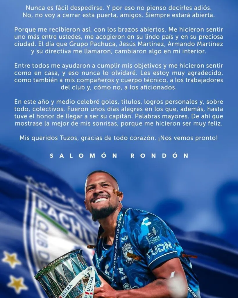 Así fue el emotivo adiós de Salomón Rondón en Pachuca