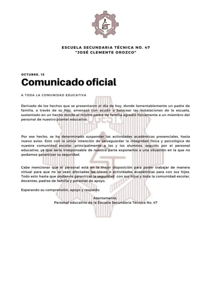 En Hidalgo, secundaria suspende clases tras amenaza de balacera de un padre de familia