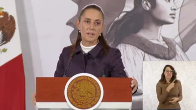 Claudia Sheinbaum durante su conferencia matutina en Palacio Nacional, donde defendió la importancia del T-MEC.
