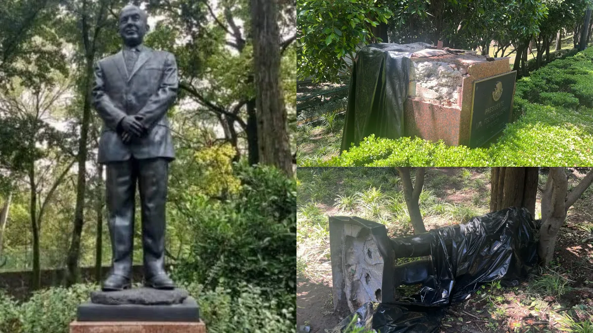 Un árbol derribó la estatua de Felipe Calderón en Los Pinos. Cultura evalúa los daños para su posible restauración.