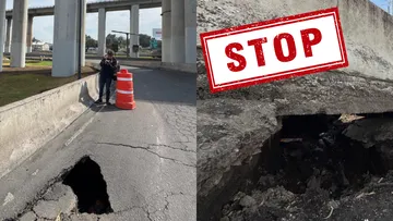 Socavón en Puente de La Concordia, Iztapalapa, pone en riesgo a automovilistas que circulan por la zona.
