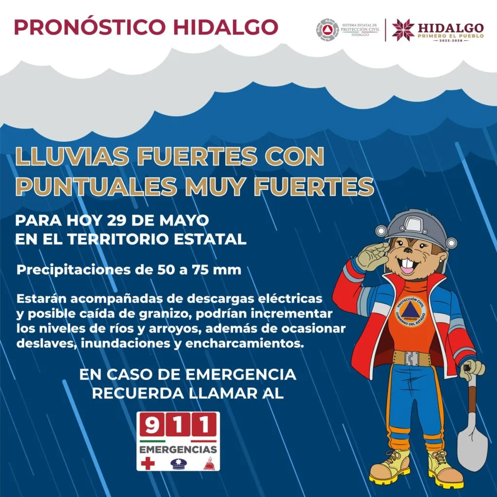 Alerta por lluvias fuertes en Hidalgo este 29 de mayo