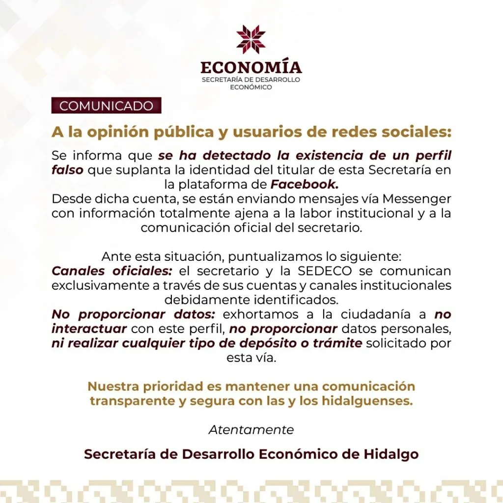 Detectan perfiles falsos de titular de la Sedeco y del IHCE