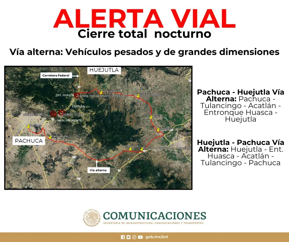 ¡Alerta Vial! Anuncian cierres nocturnos en la carretera Pachuca-Huejutla
