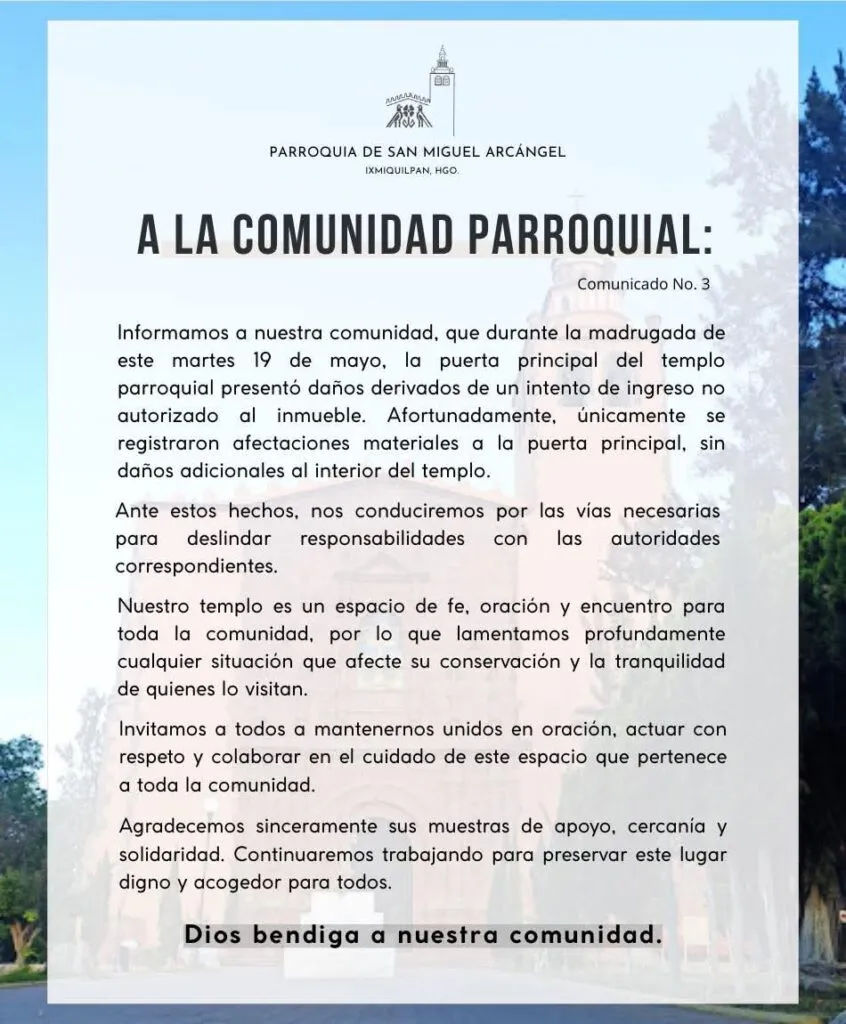 Intentan robar histórica parroquia de Ixmiquilpan durante la madrugada