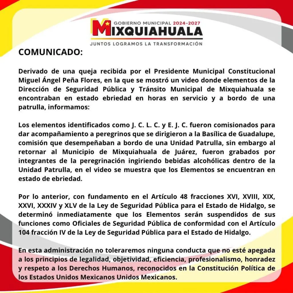 Mixquiahuala: dos policías cesados tras ser grabados consumiendo alcohol en una patrulla