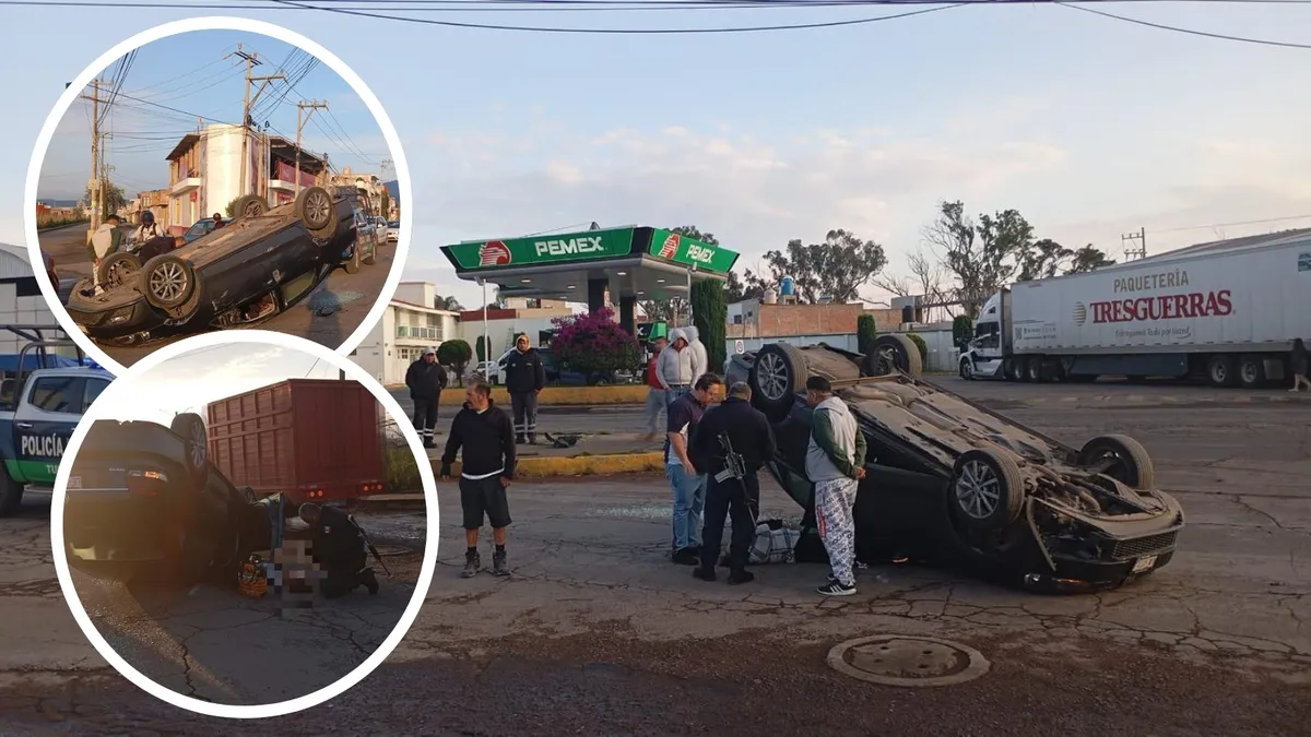 Auto volcado en la calle Javier Rojo Gómez, Tulancingo.