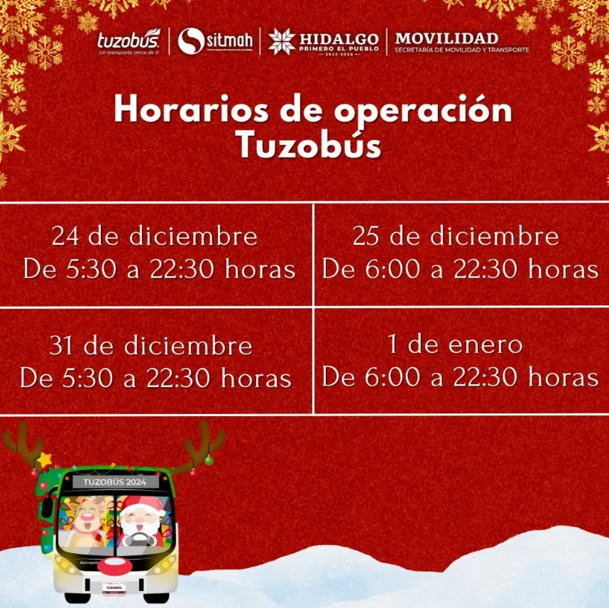 Tuzobús: horarios especiales para Navidad y Año Nuevo 2024