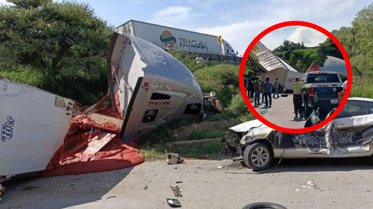 Tráiler cae de desnivel y aplasta patrulla en Tepeji del Río