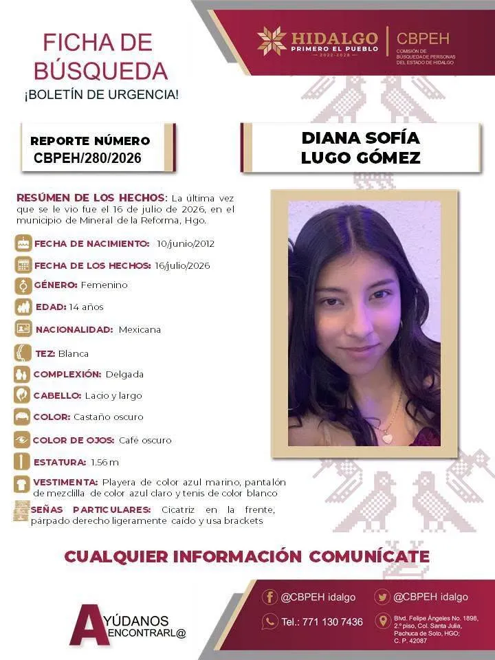 Alerta Amber en favor de Diana Sofia Lugo Gómez de 14 años en Mineral de la Reforma