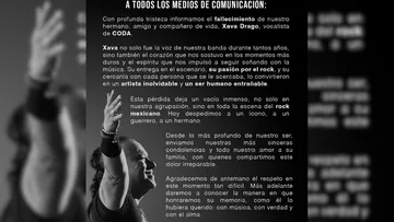 Comunicado compartido por la banda en redes sociales