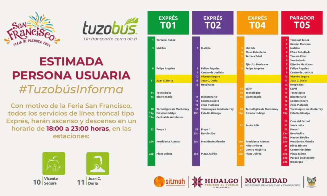 Descubre los nuevos horarios del Tuzobús para la Feria Pachuca 2024
