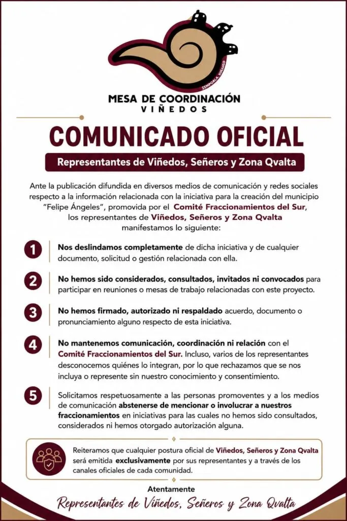 Vecinos de Viñedos y Señeros se deslindan de propuesta para crear el municipio 85 en Hidalgo