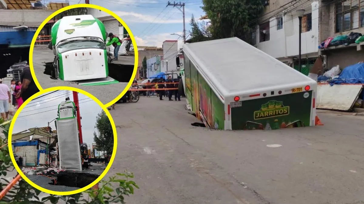 Camión refresquero atrapado en un socavón