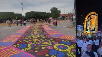 Tapetes y arcos florales engalanaron el recorrido del Señor de Jalpan en Ixmiquilpan