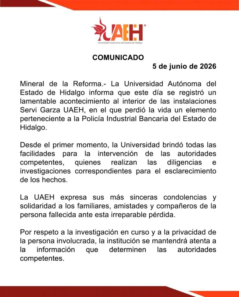 UAEH informa muerte de elemento de la Policía Industrial Bancaria dentro de Servi Garza