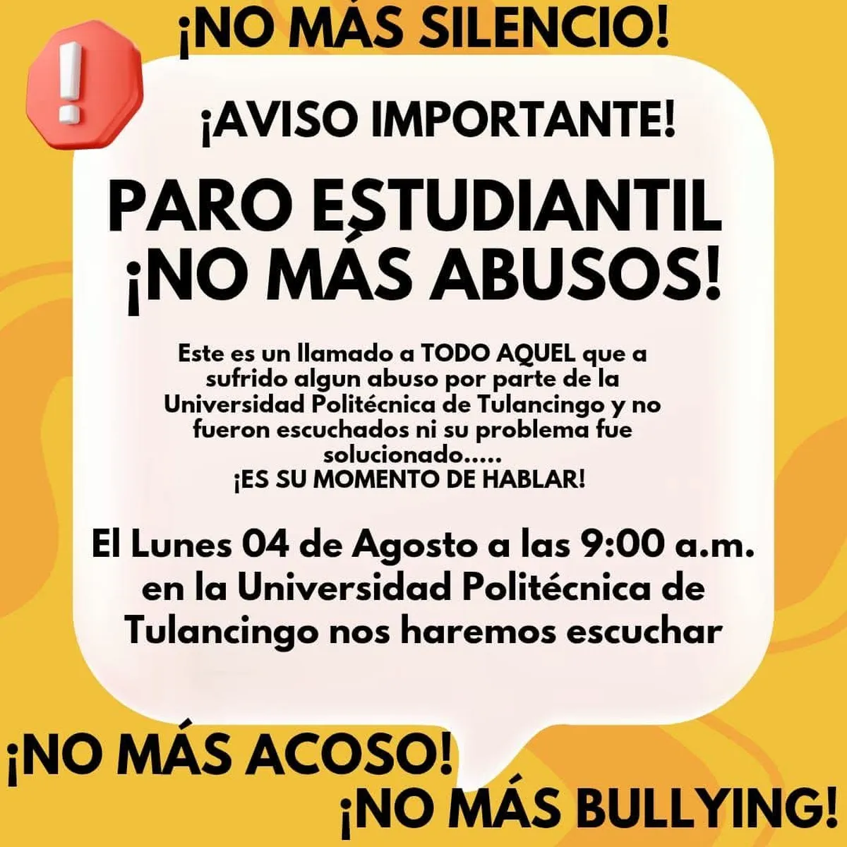 Estudiantes de la UPT convocan paro pacífico contra abusos y falta de respuesta institucional.